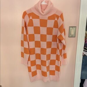 Pink & Orange Checkerboard Turtleneck Sweater Dress